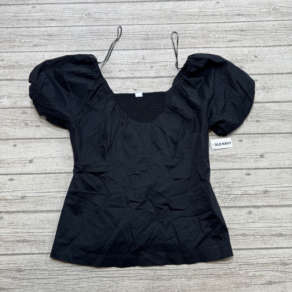 NEW Old Navy Puff Sleeve Top Women's M Black Smocked Square Neck Cotton Blouse